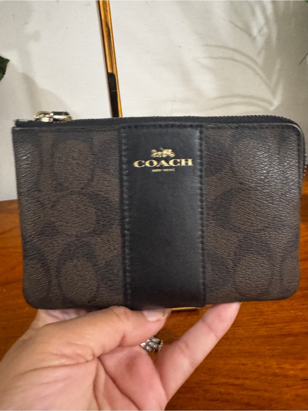 Coach Brown Signature Zip Pouch with Black Center Stripe
